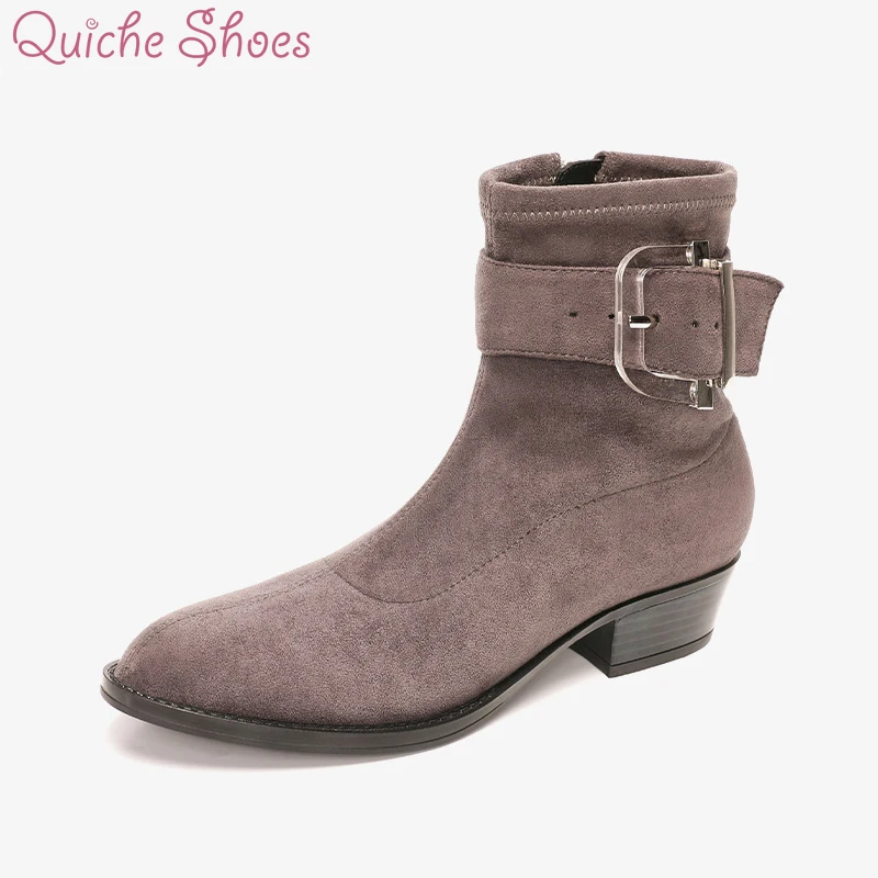 

QuicheShoes Clearance women leather boot Synthetic Leather ladies shoes pointed toe high heel ankle boot classic chelsea booties