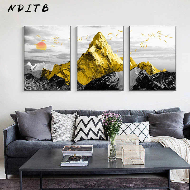 Современный золотой горный абстрактный настенный плакат пейзаж холст печать