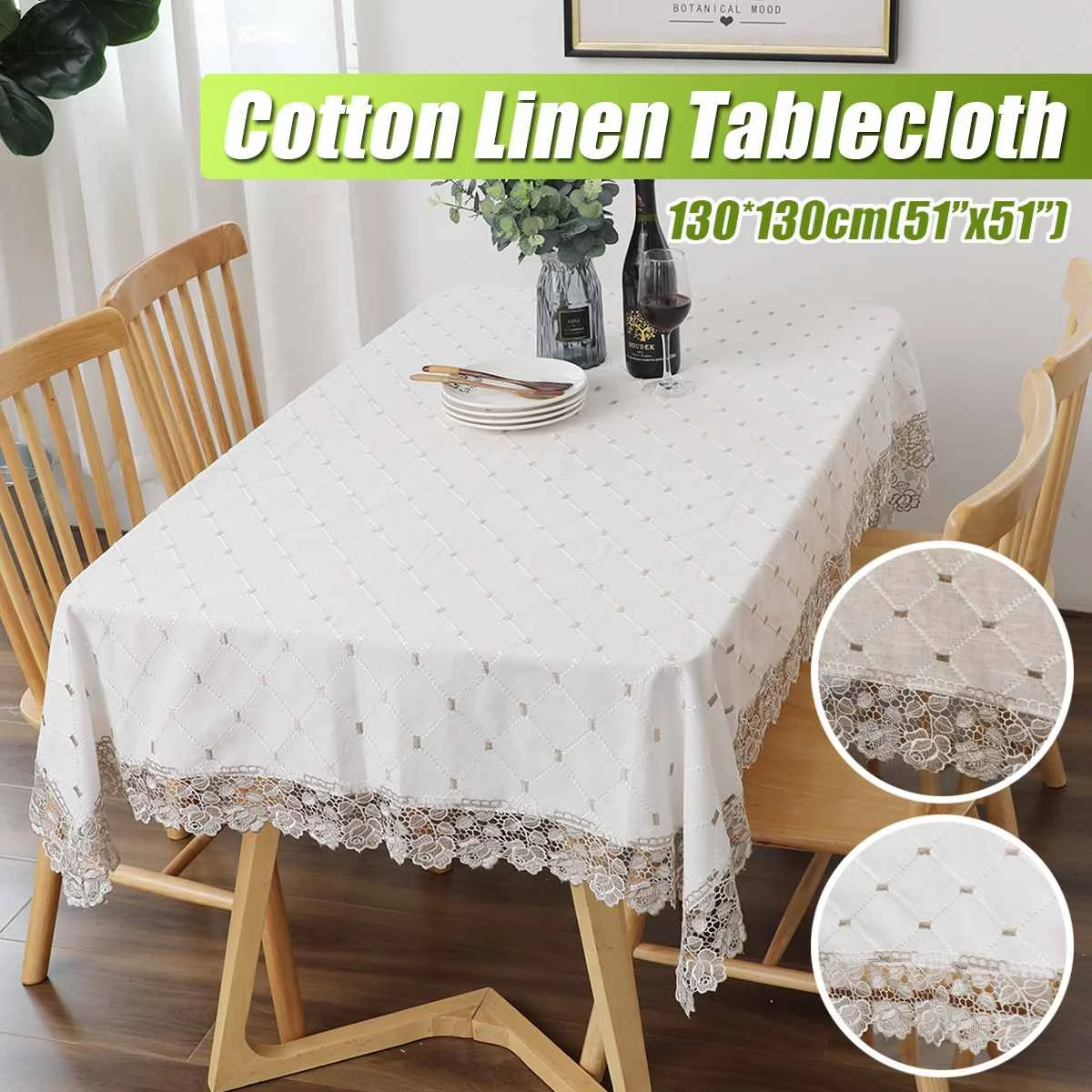 

130x130cm Square Lace Cotton Linen Tablecloth Stripes Plaid Embroidered Rectangular Dining Table Cloth Christmas Banquet Decor