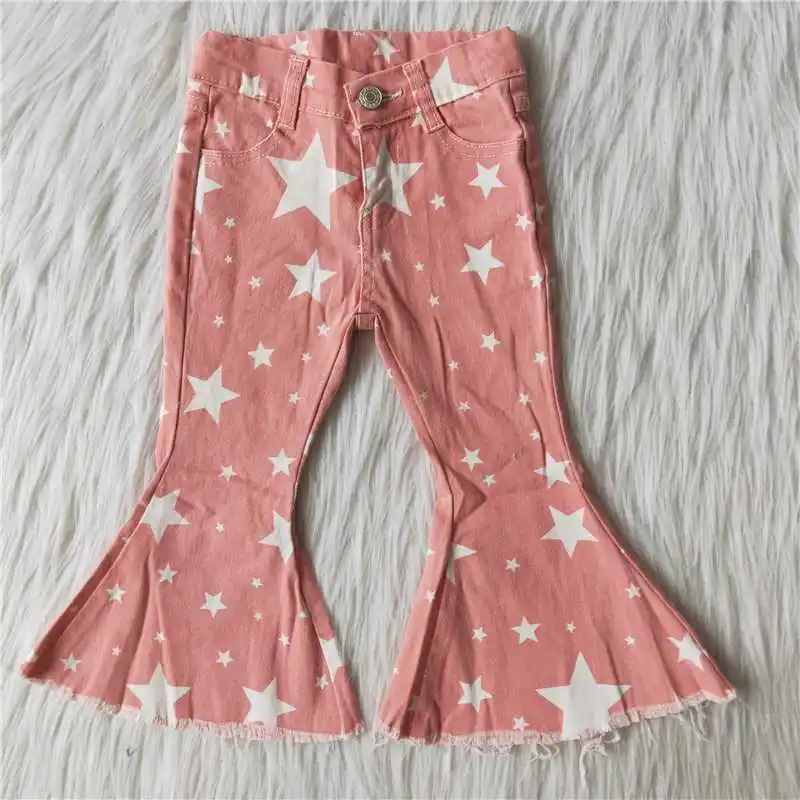

New Baby Girls Black Star Print Bell Bottom Jeans Denim Pants High Waisted Denim Pans For Teen