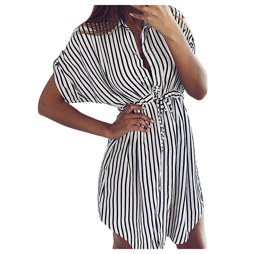 

Fashion Womens Drawstring Bandage Short Sleeve Stripe Print Lapel Shirt Dress Party Dress Elegant Sundress Summer Dress 2021#541