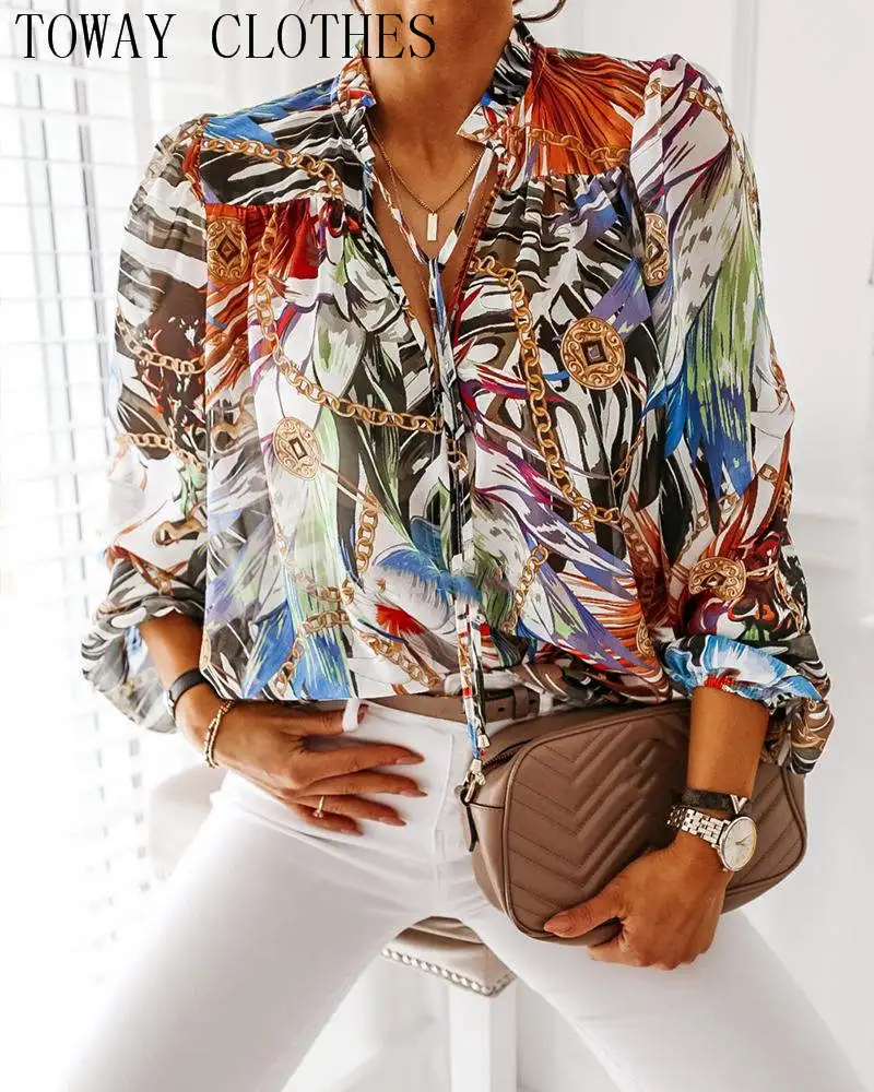 Узор в стиле барокко для женщин с принтом цепей этническом шифоновые рубашки