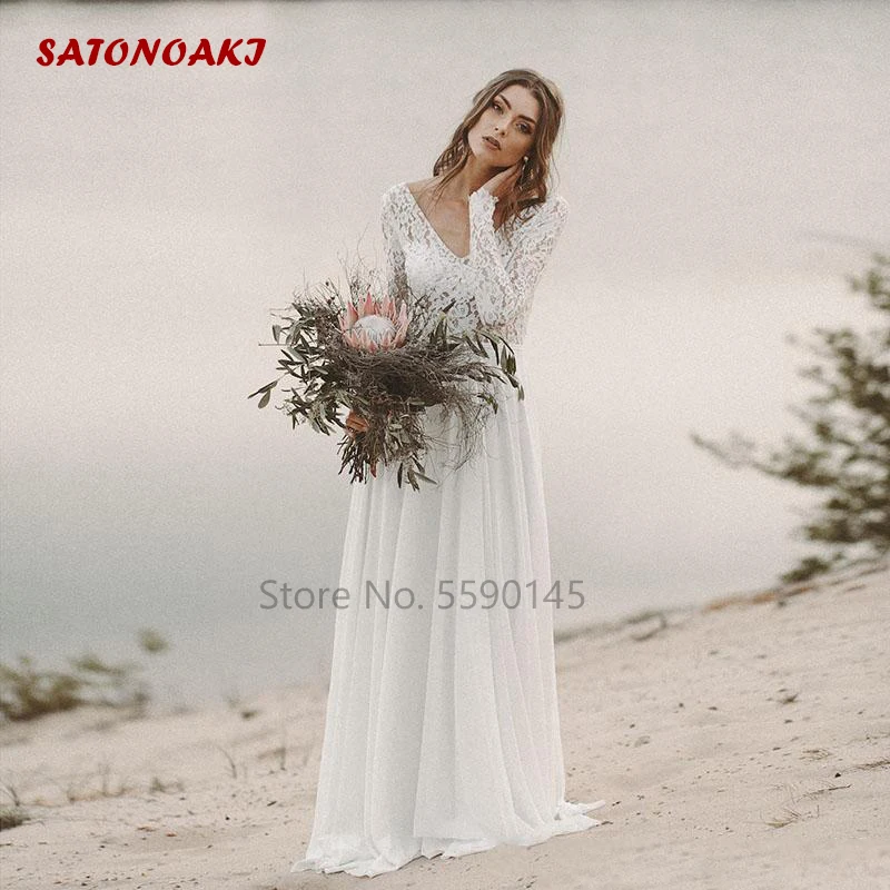 

Beach Country Wedding Dress 2022 A-Line Chiffon Lace Top V-Neck Long Sleeve Backless Bridal Gown Vestidos De Novia Robe Mariée