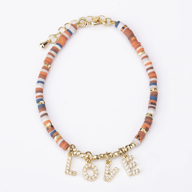 

Rainbow Clay Silicone Plastic Beaded Bracelets for Woman 18K Gold Plated Micro Pave LOVE Charm Jewelry 2021 New