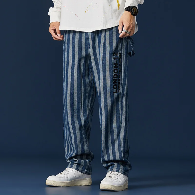 Spring Striped Jeans Men's Ins Trend Loose Straight Pants Nostalgic Letter Youth Blue Casual Fashion All-Match Wide Leg Trousers