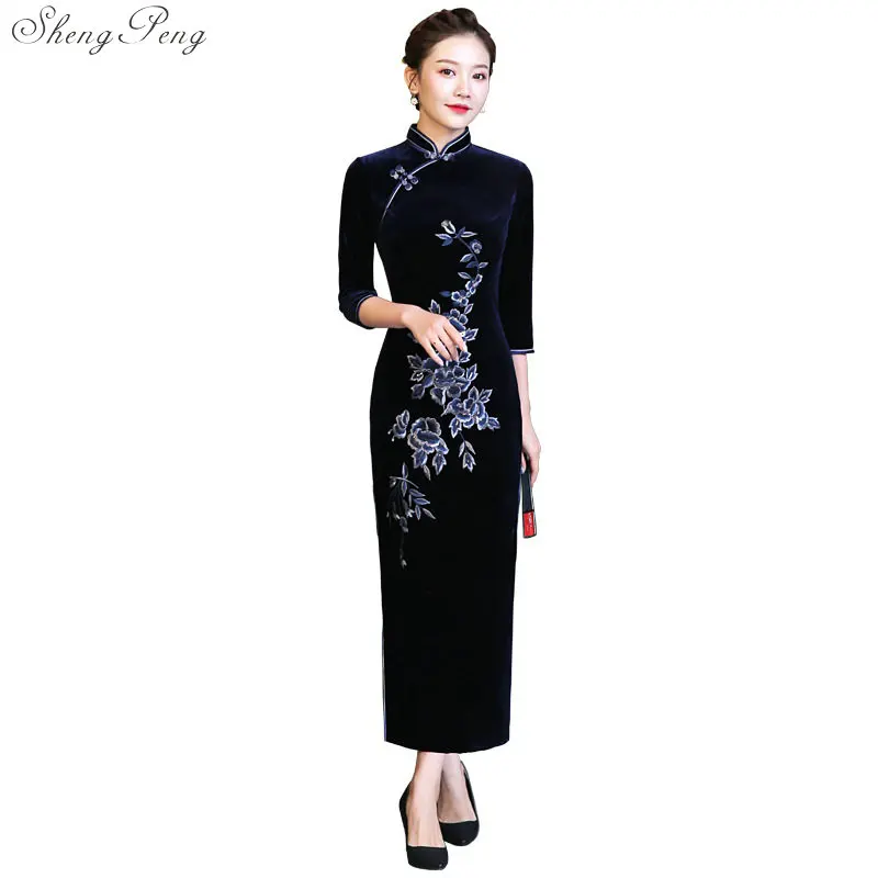 

Платье-Ципао в китайском стиле, элегантное бархатное платье средней длины с разрезом, пикантное Восточное винно-восточное платье в стиле пэ...