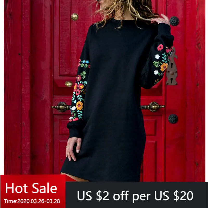 Женские черные платья 2018 осеннее платье пуловер до колен с круглым вырезом и