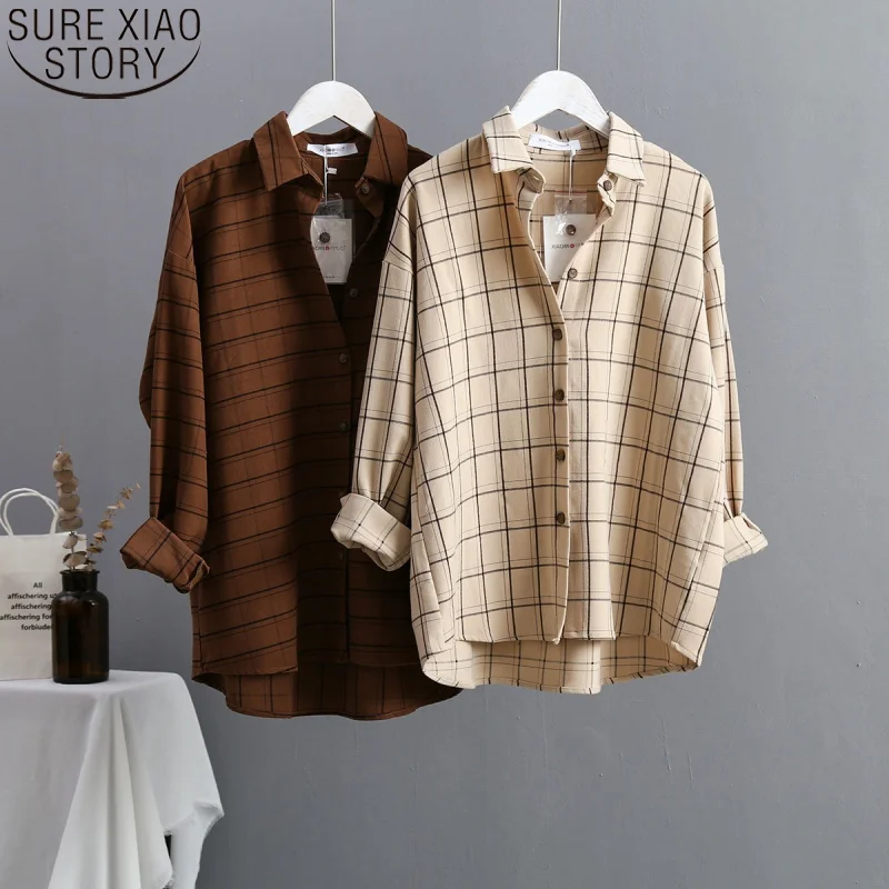 Женская винтажная блузка оверсайз свободная рубашка с длинным рукавом осень 2020