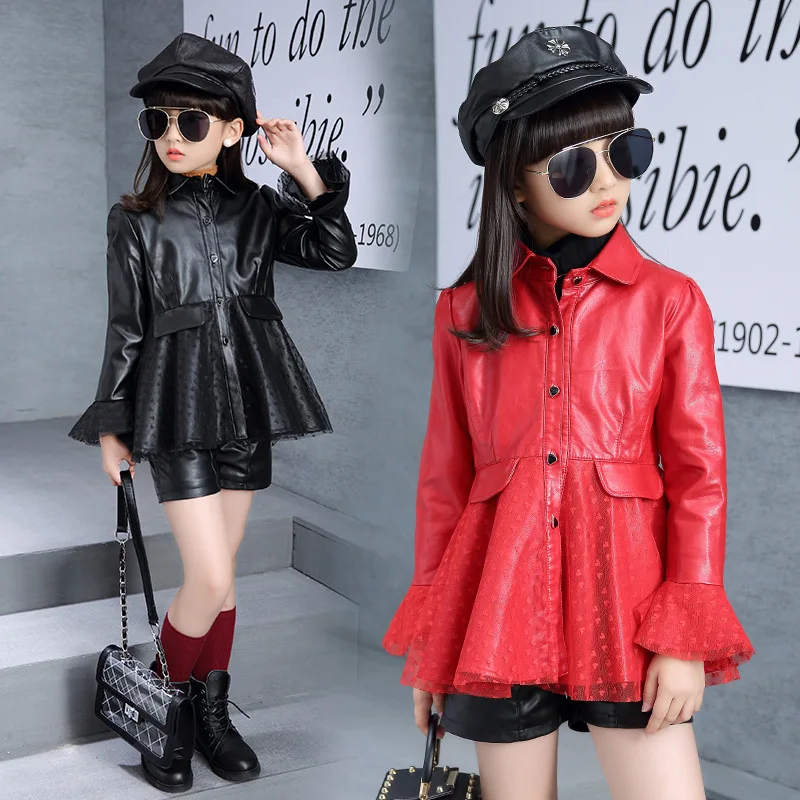 Весенне-осенняя куртка из искусственной кожи с рукавами-лепестками для девочек