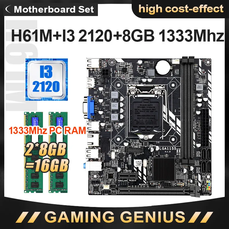 Online JINGSHA H61M LGA 1155 Motherboard Set Mit I3-2120 CPU Und DDR3 2*8GB 16GB PC RAM 1333MHZ H61 Intel Chipset Motherboard SATA 2,0