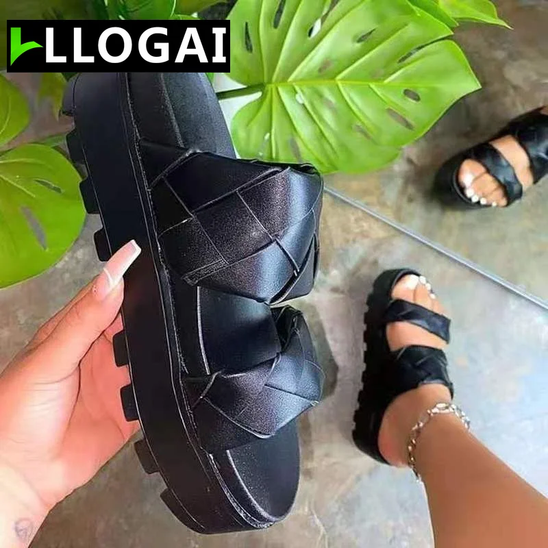 

Thick Heel Women Slippers Summer Weaving Platform Wedges Height Increasing Solid Ladies Slides Outdoor Beach Sandals Female 2021