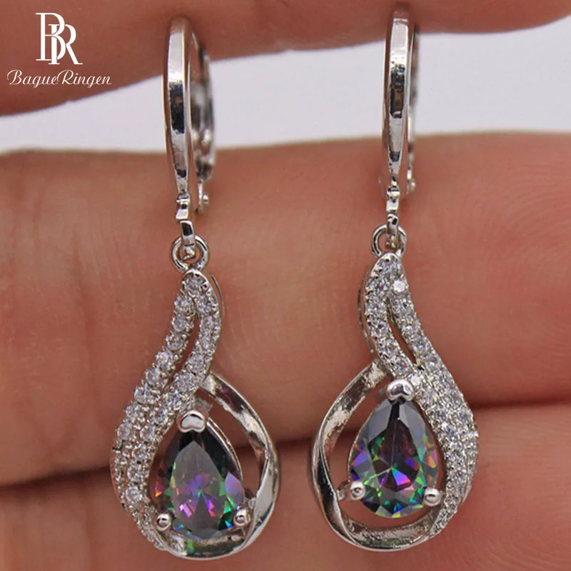 Bague Ringen модные серебряные 925 ювелирные изделия Радуга топа камень серьги для женщин капли воды форма Висячие серьги высокое качество