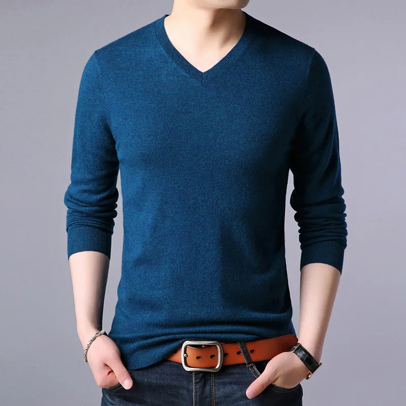 Denim blue Шерстяной пуловер Свитера мужские с длинным рукавом повседневные деловые с v-образным вырезом Трикотажные мужские однотонные зимние свитера Мужская брендовая одежда - Цвет: Denim blue