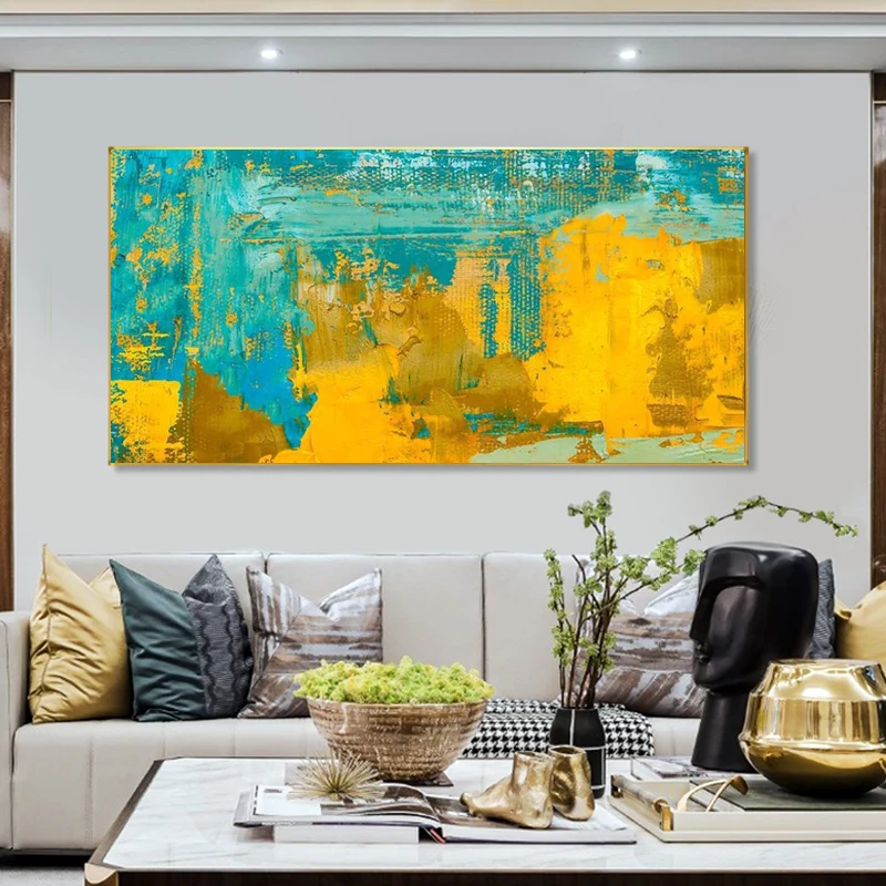 

Abstract Golden And Turquoise Color Art Canvas Painting Posters and Prints Abstract Picture For Living Room Wall Art Decorative