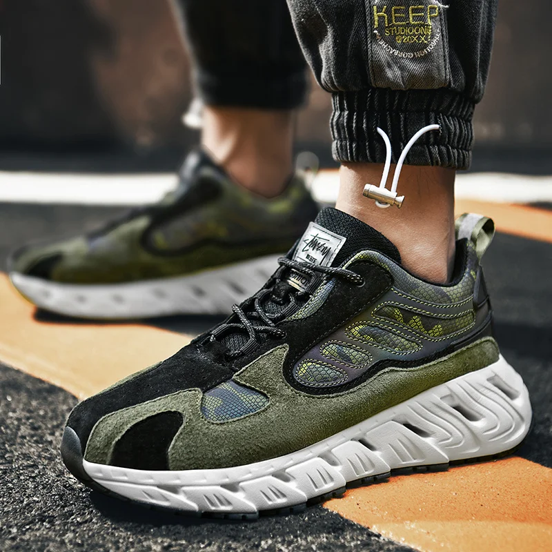 

2021 New Men's Fashion Sneakers Low Platform Cushion Hard-Wearing Running Shoes Lace-Up Rubber Non-slip Walking Shoes