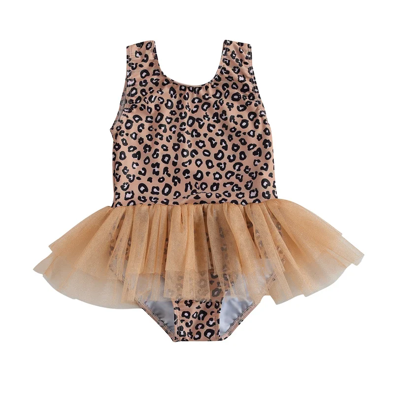 

6 Months-4 Years,Kids One-Piece fashion Swimsuits, Girls Leopard Print U-Neck Sleeveless Swimwear for Summer