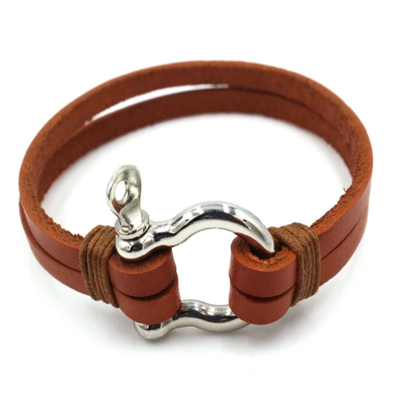 

Men's High Quality Stainless Steel Shackle Buckle Leather Survival Bracelet Sailor Nautical Surf Bracelet