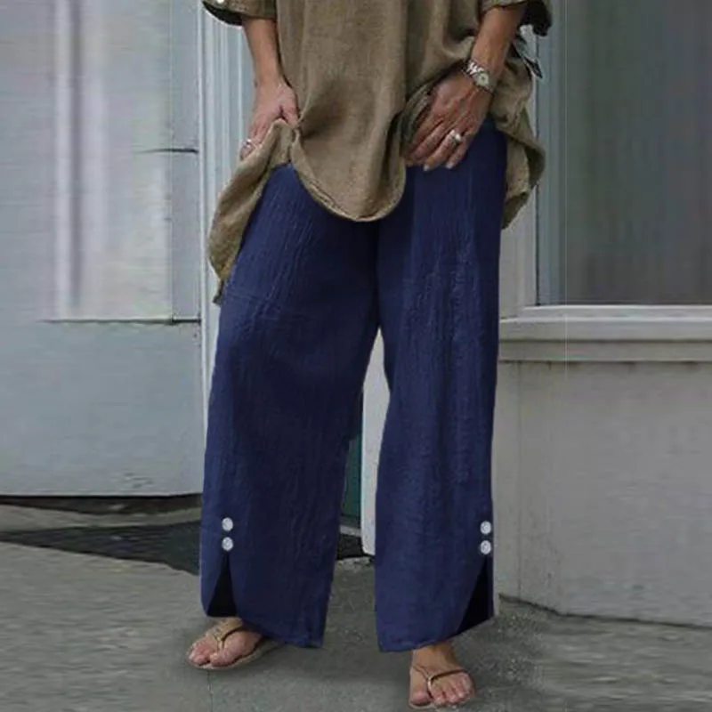 Navy Брюки ZANZEA женские брюки с широкими штанинами осенние винтажные Botton Pantalon Femme длинные брюки плюс размер повседневная Рабочая Уличная Одежда S-5XL - Цвет: Navy