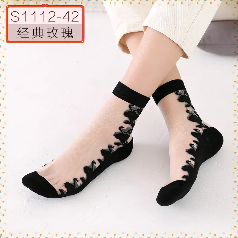 Hyrax trends Transparent sexy bud ladies silk Socks flower design Black transparent color Sexy fashion lace sock