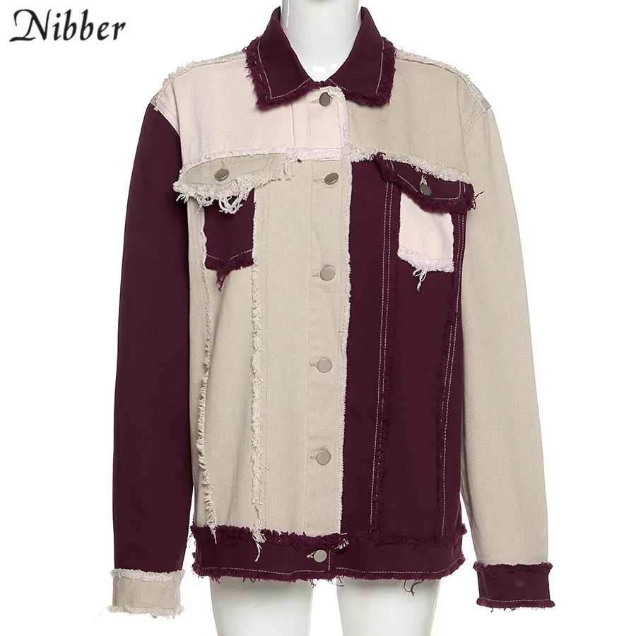 

Nibber Patchwork Color Block Denim Jacket Woman Vintage Fashion Casual High Streetwear 2020 Loose Turndown Outwear Fall Winter