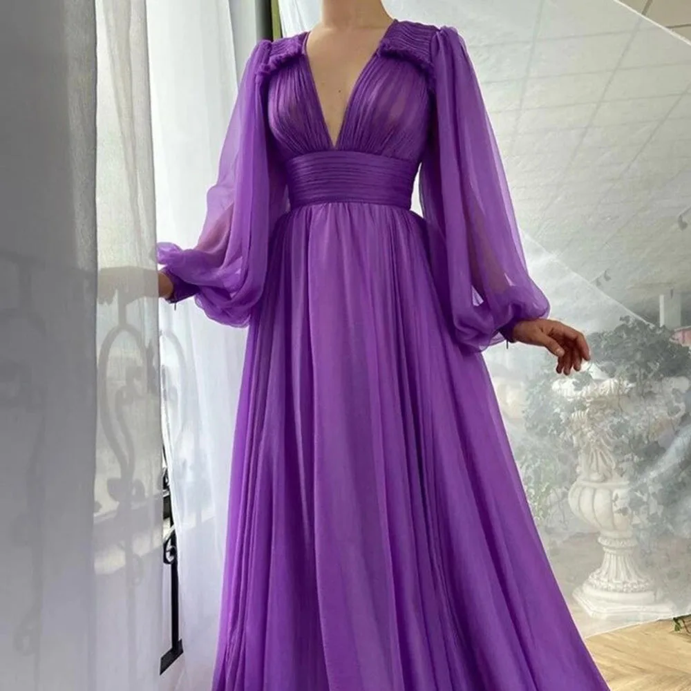 

Summer 2021 Western Style Solid Color High Waist Purple Long Fashion Temperament Elegant Long Sleeve V-neck Women's Dress