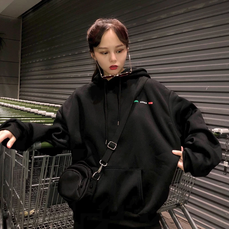 

Hoodies Women Thicker Warm Funny Cartoon Print Trendy Pocket Korean Loose Simple All-match Ladies Sweatshirt Casual Womens Soft