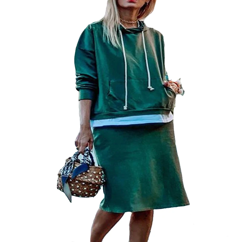

Top Two piece set women 2021 Autumn and Winter Comfortable Hooded Casual Skirt Set two piece outfits Pockets sweatshirt womens