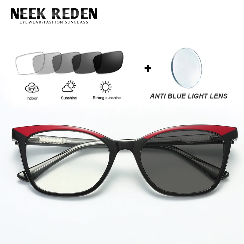 

Women Photochromic Glasses Cat Eye Spring Hinge Blue Light Protection Eyeglasses Ladies No Degree Flat Transparent Eye Glases