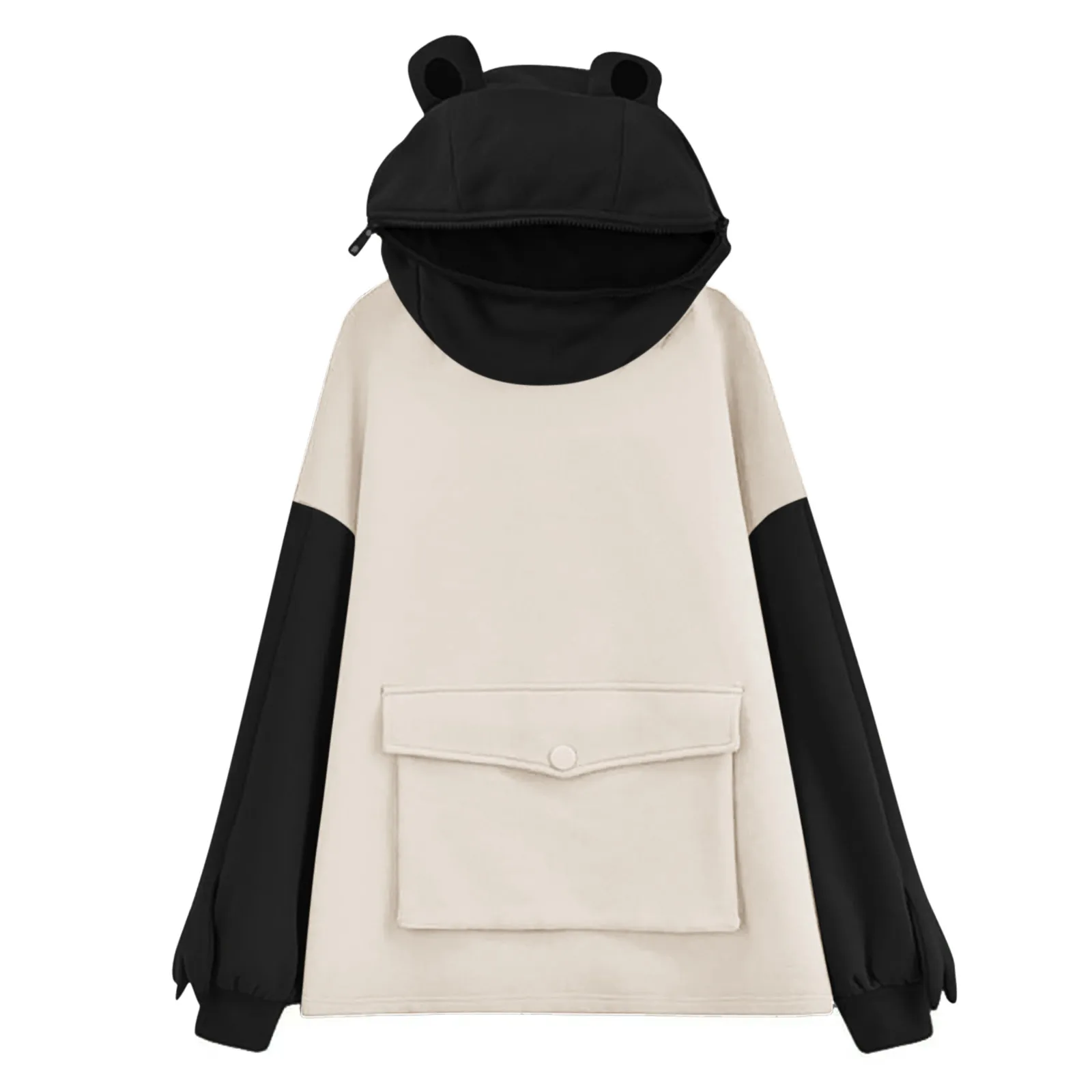 

2021 Women's Long Sleeve Patchwork hoody Cartoon Design Big Pocket Sweatshirt Pullover Tops Winter Warm Clothes