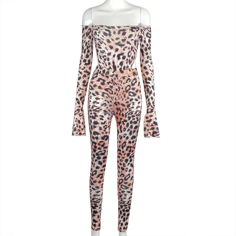 

ANJAMANOR Leopard Sexy 2 Piece Outfits for Women Club Off Shoulder Long Sleeve Bodysuit Leggings Pants Matching Sets D85-CE26