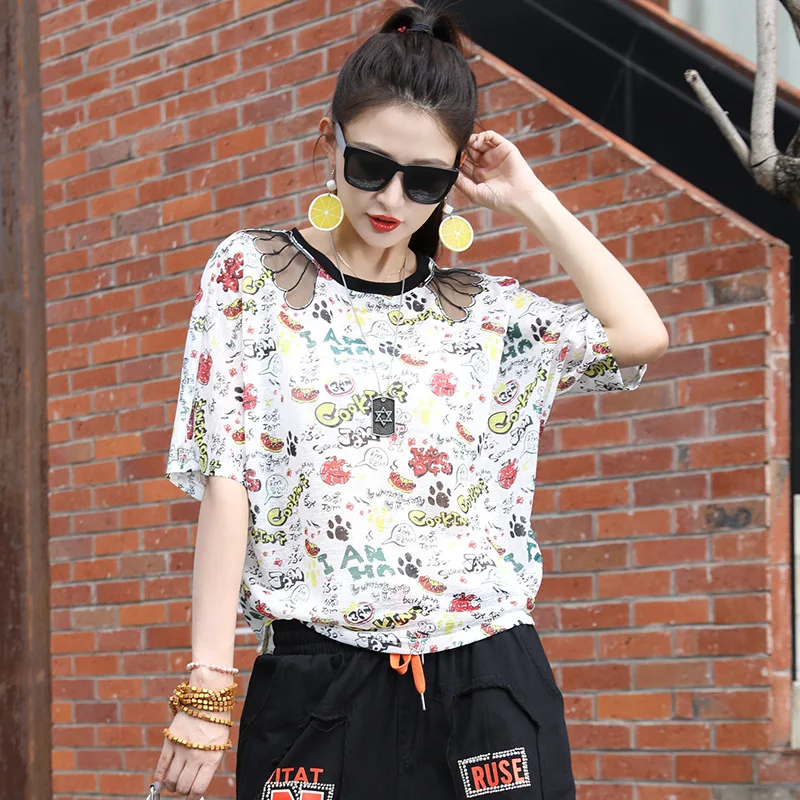 

2021 Summer New Women's Wear O Neck Tshirts Large Printing Loose BF Half Sleeve Casual T-shirt Casual Tees And Tops Female