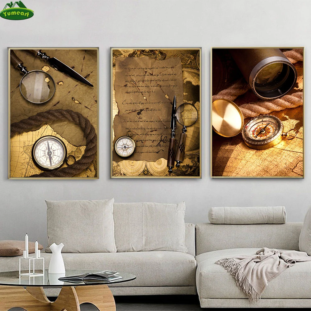 Винтажная морская карта увеличительное стекло Парусный компас и Кракен морской