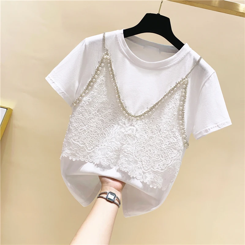 

Lace Patchwork Fake Two Piece Beading Diamonds Short Sleeve T Shirt Women 2021 Summer Top Fashion Tshirt White Tee Shirt Femme