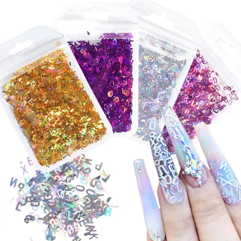 

3 pack/lot Holographic Alphabet Nails Glitter Flakes 3D Mixed Letter Number Nail Art Decorations Shiny Laser Paillette Manicure