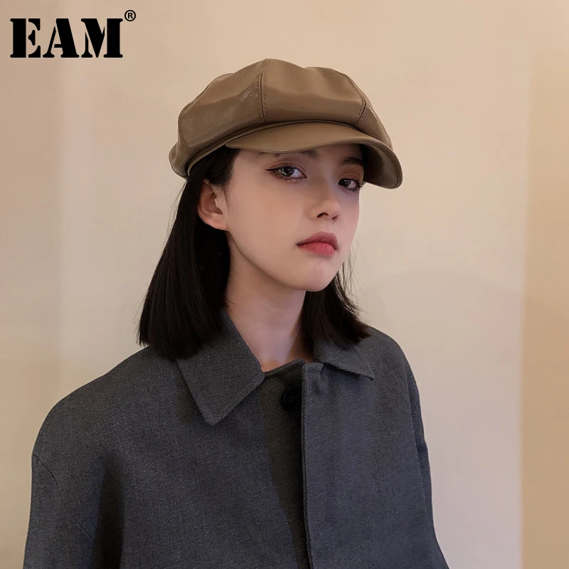 

[EAM] Women Camel Pu Leather Vintage Fishermen Hat New Round Dome Temperament Fashion Tide All-match Spring Autumn 2021 1DE2153