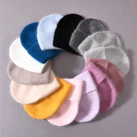 fashion knitted beanies hat long rabbit hair autumn winter warm soft solid color hat