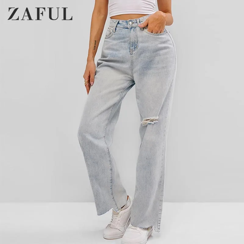 Женские рваные джинсы свободного покроя с необработанным подолом | Женская