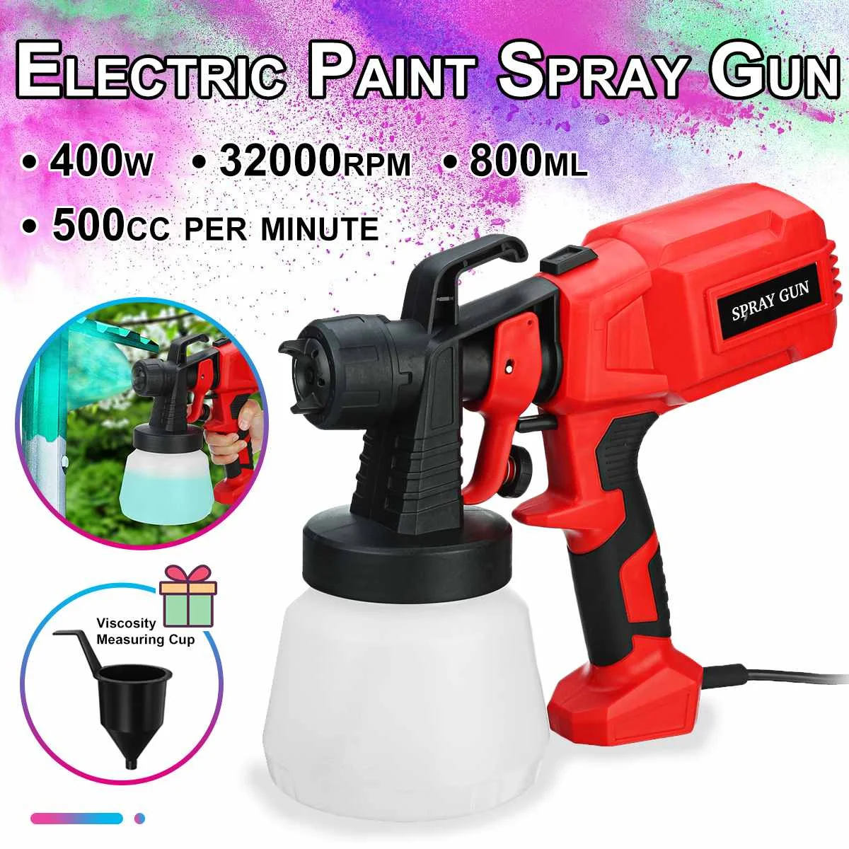 

400W Electric Spray Gun Paint Sprayer 3 Nozzle Sizes 800ml HVLP Portable Household Easy Spraying and Clean Perfect for Beginner