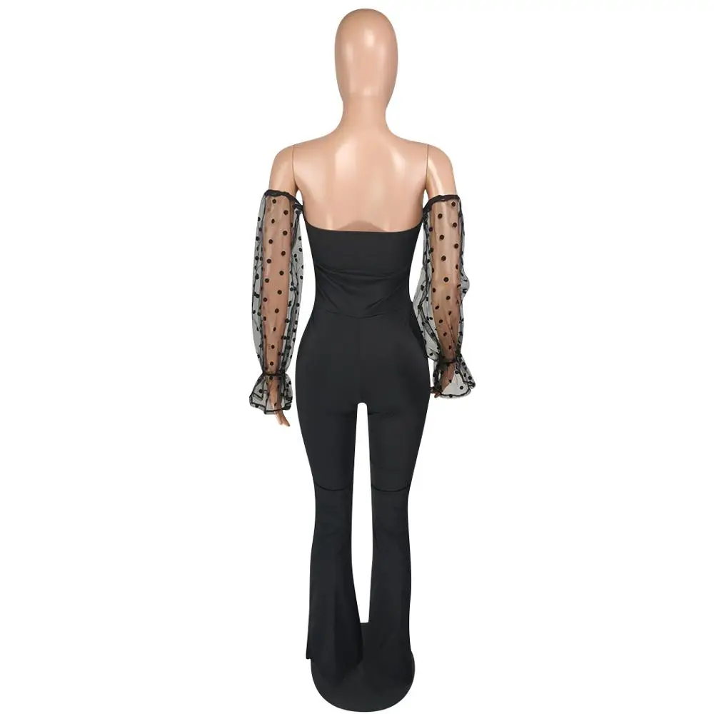 2020 Spring Sexy Sheer Mesh Hollow Out Bandage Night Party Jumpsuit Women Polka Dot Long Sleeeve Strapleless Outfit Rompers | Женская
