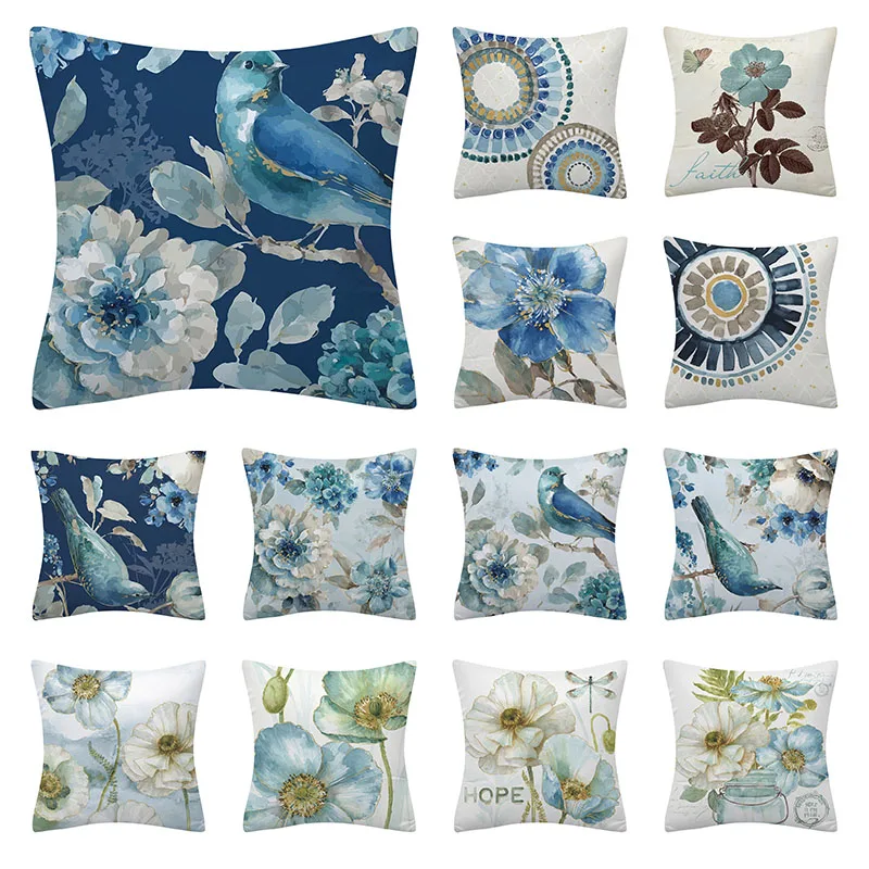 

Blue Plant Floral Cushion Cover 45X45 Flower Bird Pattern Decorative Throw Pillows Polyester Pillowcase Sofa Cushions Home Decor