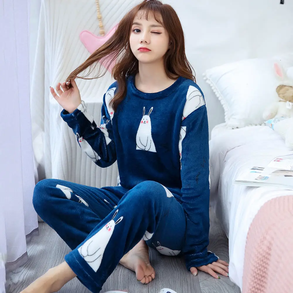 pajamas Зимние теплые пижамы для женщин с длинным рукавом, толстые коралловые бархатные пижамные комплекты, цветочные фланелевые бархатные пижамы Feminino Pijama Mujer - Цвет: pajamas