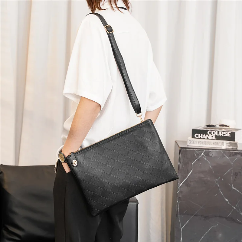 Men's Fashion Clutch Cowhide Woven Large Plaid Luxury Brand Design High Quality Leather Business Paper Bag