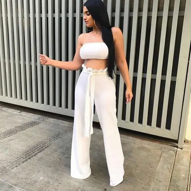 Women Sexy Two Piece Pants Set Strapless Crop Top and 2 Solid Ruffles Wide Leg Trousers 2pcs Outfit DW651 | Женская одежда