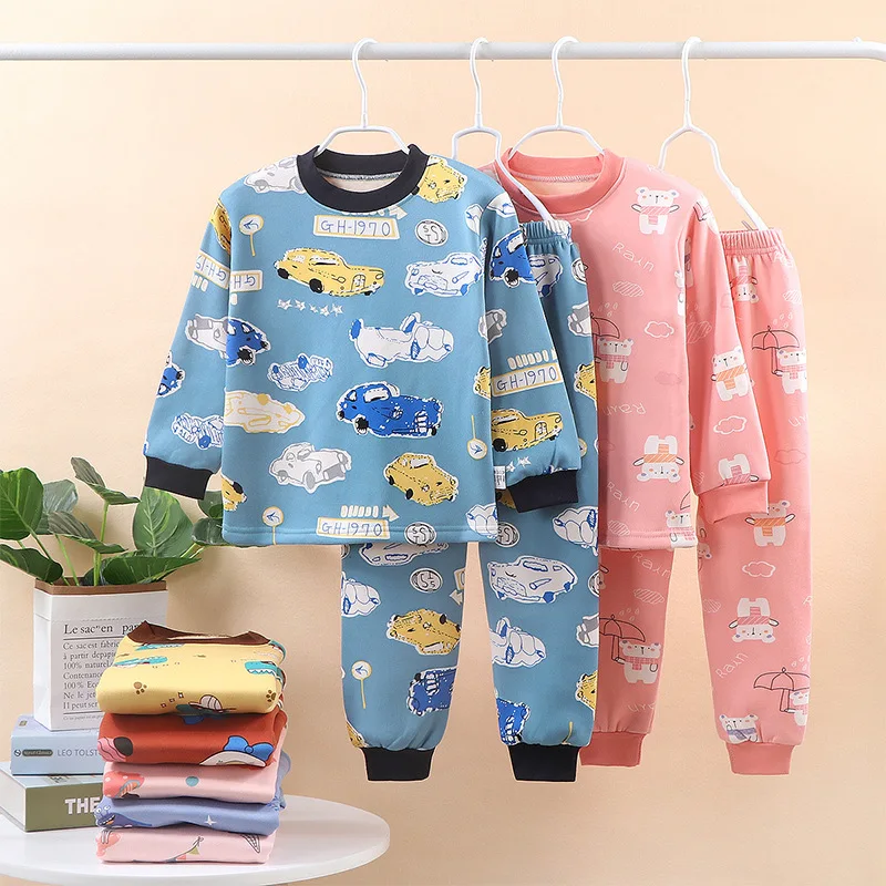 

Pajama Tops Children's Warm Suit Plus Velvet Thickening Boys Girls Clothes Long Trousers Baby Home Service