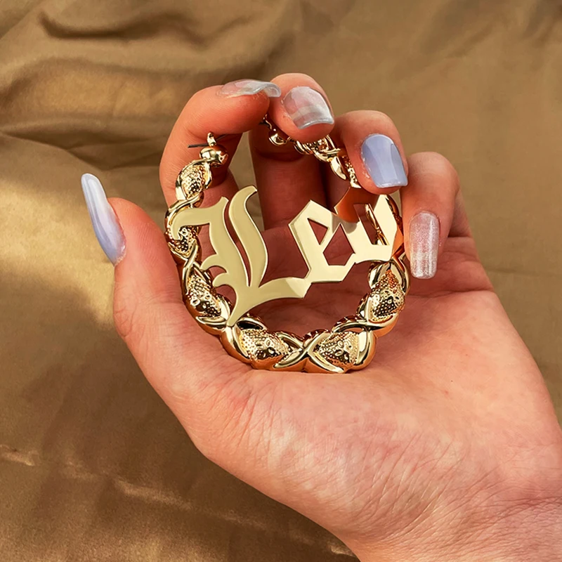 Custom Name 14k Gold Plated Old English Font Personalized Custom 12 Zodiac Name Horoscope xoxo Bamboo Large Size Hoop Earrings