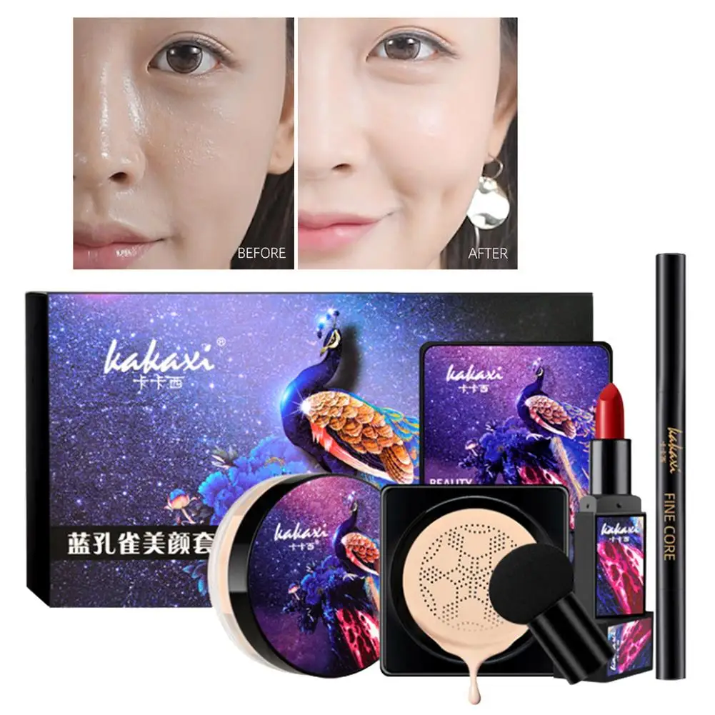 Mushroom Head Air Cushion BB Cream Makeup Set Liquid Foundation Lipstick Concealer Powder Eyebrow Pencil Kits With Puff | Красота и