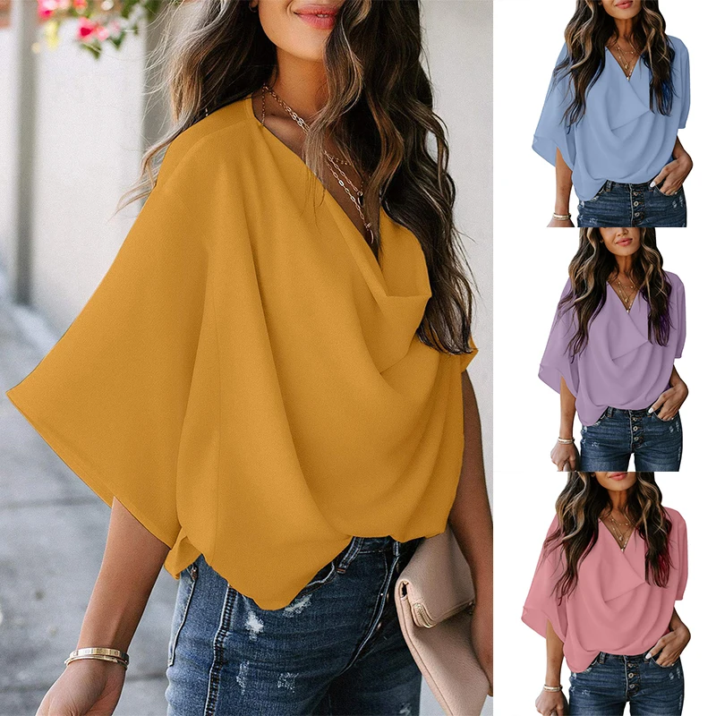 

Casual T Shirts Female Fashion Comfortable Solid Colors Short Sleeve Tee Beautiful Smooth Chiffon Loose V Neck Pullover Tops