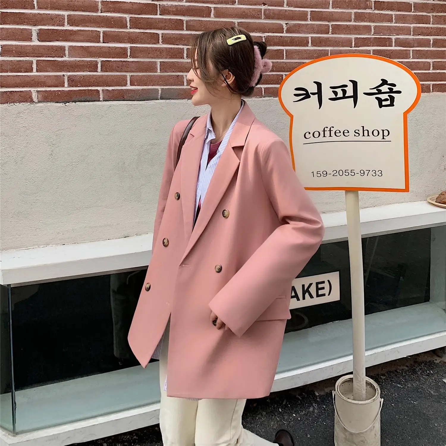 

Spring Women's Blazer Full Sleeve Double-Breasted Female Loose Solid Color Casual Suit Jacket Street Wear