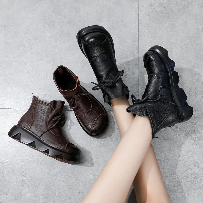 

BEYARNE 2020 Lacing Winter Boots Women Genuine Leather Women Ankle Boots Punk Motorcycle Woman Shoes Thick Heel Winter Shoes