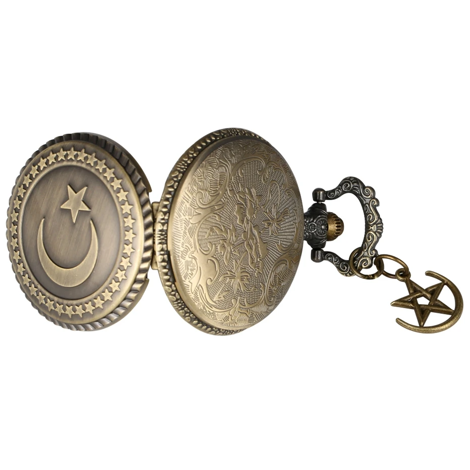 

Turkey Flag Retro Bronze Pocket Watch Moon Star Design Punk Circle Quartz Pocket Watches with Accessory Necklace Pendant for Men